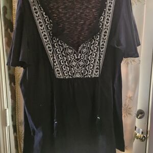 Lane Bryant Navy Top with White Embroidered V-Neck